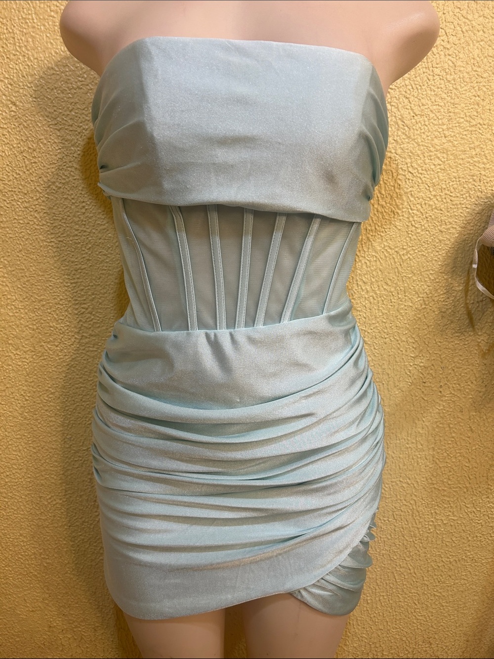 Strapless Ruched Mini Dress in Light Mint